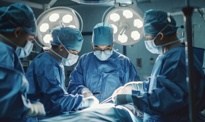 A team of skilled surgeons conduct a complex operation in a stateoftheart hospital operating room