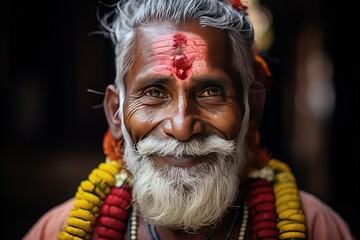 Smiling elder Indian man. An elder man in a traditional Hindu dress and jewelry looking at camera.