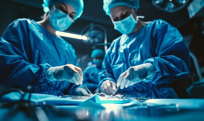 Skilled surgeons performing complex operation in modern hightech operating room with precision and teamwork