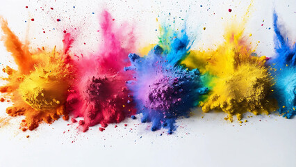 Colorful rainbow holi paint color powder explosion isolated white background with copyspace, 16:9, 300dpi