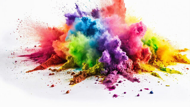 Colorful rainbow holi paint color powder explosion isolated white background with copyspace, 16:9, 300dpi