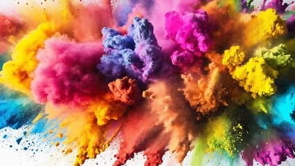 Colorful rainbow holi paint color powder explosion isolated white background with copyspace, 16:9, 300dpi