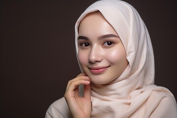 Close-up portrait of a young smiling muslim woman with clear soft skin. She touching face skin after apply creme.