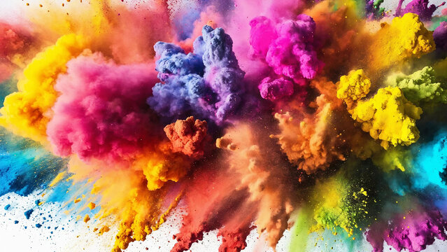 Colorful rainbow holi paint color powder explosion isolated white background with copyspace, 16:9, 300dpi - Powered by Adobe