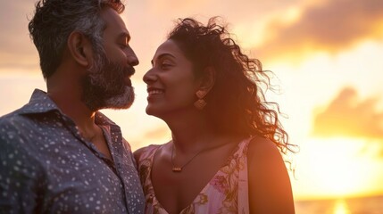 A couple sharing a tender moment at sunset with the man's beard and the woman's earrings adding to the intimate atmosphere.