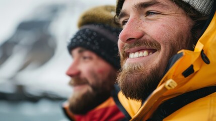 Two bearded men smiling in the snow wearing winter gear and beanies enjoying the outdoors.