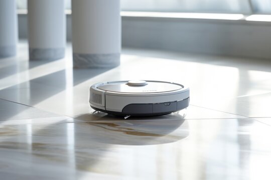 Modern Robotic Vacuum Cleaner Gliding Effortlessly Over A Pristine White Marble Floor, Casting A Soft Shadow Behind It.