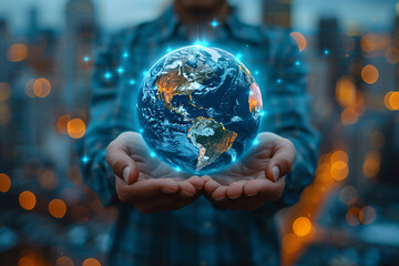 Fototapeta premium Businessman holding illuminated digital globe showcasing global business network and digital strategy
