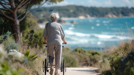 Empowered senior. An independent, self-sufficient elderly woman with a walking frame on a coastal path.
