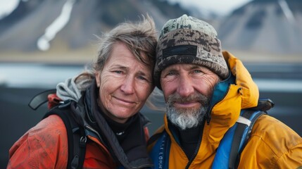 Two elderly hikers posing for a photo in a mountainous landscape smiling wearing winter gear and surrounded by a serene environment.
