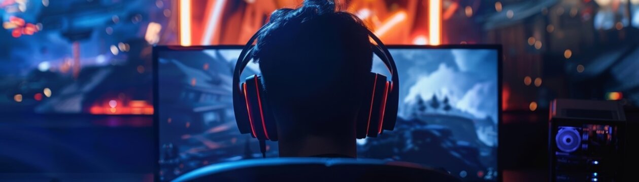 Gamer playing video game with headphones on.
