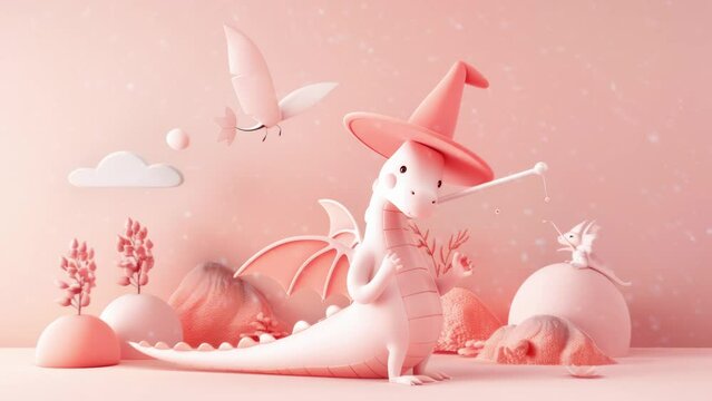 Cute baby dragon wizard isolated on white background animation. isolated on a white background. Animations