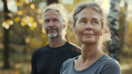 Obraz premium A man and woman standing in a forest smiling with the sun filtering through the trees creating a warm and