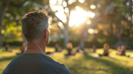 Man sitting in park facing away from camera with sun shining through trees creating a peaceful and serene atmosphere.