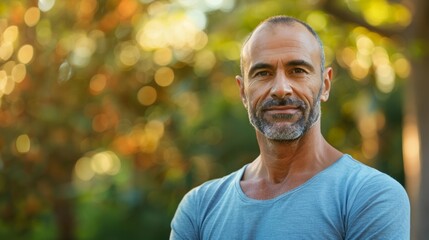 Smiling man with gray beard and short hair wearing blue t-shirt standing in front of blurred trees with warm sunlight filtering through. - Powered by Adobe