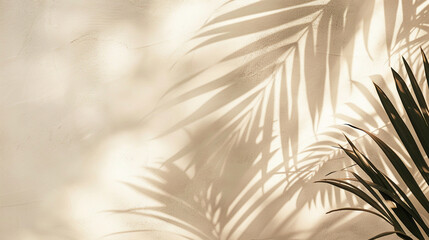 Design a neutral background with shadows of tropical leaves, similar to the uploaded image. Emphasize the tranquil and calming effect created by the simple, yet beautiful, play of light and shadow
