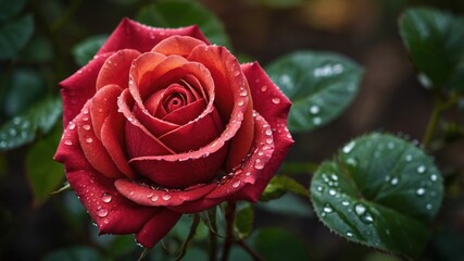 The rose is set in a garden, with blurred green foliage in the background. The morning light is soft and golden, illuminating the rose and creating gentle highlights and shadows.