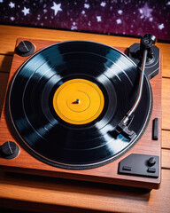 Vintage vinyl record player with a needle on the turntable, close up. Night club party background with blurred lights and a bokeh effect. Retro music and entertainment concept.