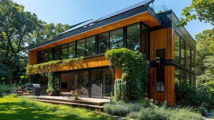 A house with a green roof and a lot of plants growing on it