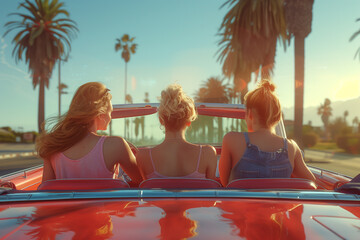Friends in a convertible car on a road trip