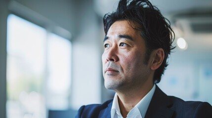 Fototapeta premium A man with dark hair wearing a suit and tie looking contemplative with a slight frown sitting in a well-lit room with large windows.