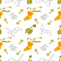Summer sea buckthorn seamless pattern. Hand-drawn, watercolor painting. High resolution pattern on a colored background. Suitable for wallpaper, background, packaging, fabrics, etc.