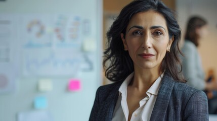 A professional woman with dark hair and a confident expression wearing a white blouse and a blue blazer standing in an office with a whiteboard and colorful sticky notes in the background.