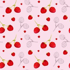 Summer strawberries seamless pattern. Hand-drawn, watercolor painting. High resolution pattern on a colored background. Suitable for wallpaper, background, packaging, fabrics, etc.