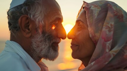 An elderly couple with a warm loving gaze sharing a tender moment as the sun sets behind them casting a golden glow on their faces.