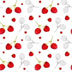 Summer strawberries seamless pattern. Hand-drawn, watercolor painting. High resolution pattern on a colored background. Suitable for wallpaper, background, packaging, fabrics, etc.