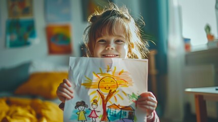 Young girl proudly holding up a colorful drawing of a sun with a smile on her face standing in a room with art on the wall and a bed in the background.