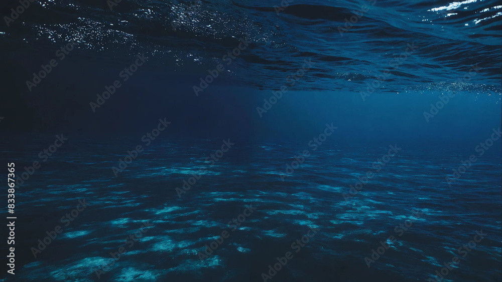 Wall mural dark blue ocean surface seen from underwater with copyspace, 16:9, 300dpi