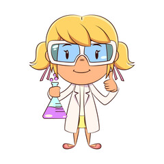 Scientist child holding laboratory flask, thumbs up