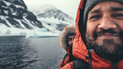 Man with a beard and a beanie smiling at the camera standing in front of a body of water with icebergs and mountains in the background wearing an orange jacket and a backpack. - Powered by Adobe