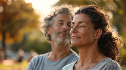 Naklejka premium A serene moment shared between a man and a woman their eyes closed basking in the warm glow of a