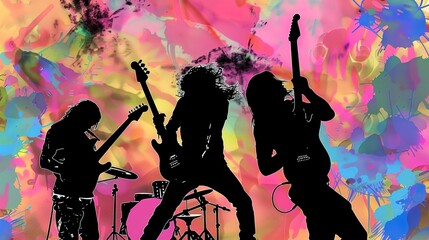 The silhouette of a heavy metal rock band against a colorful psychedelic background