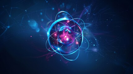 Abstract atom design with orbiting electrons and glowing elements, symbolizing scientific energy and minimalistic beauty. Great for themes of science and technology