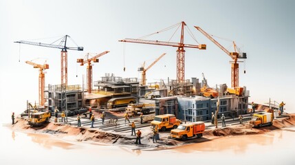 A busy construction site with cranes, bulldozers, and workers in hard hats