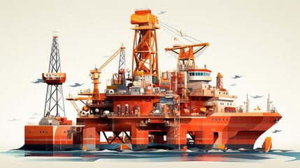 A detailed oil drilling rig offshore with workers and equipment