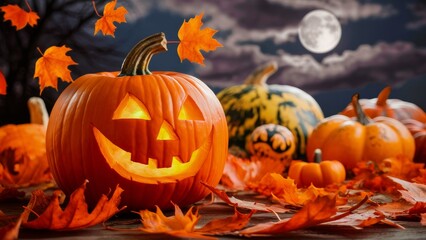  Spooky Halloween pumpkin, carved with a grinning face. The pumpkin glows from within. Jack-o-lantern