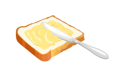Spreading butter on toast bread with knife. Vector cartoon illustration of food.