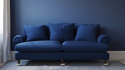 a navy blue english roll arm sofa with copy space placed against accent wall 