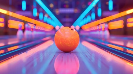 An orange bowling ball on a shiny alley with pins in the background and neon lights, highlighting fun and leisure.