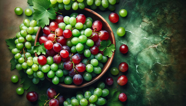 Gr&uuml;ne und rote Weintrauben , appetitlich dekoriert mit Fr&uuml;chten