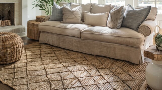 A stylish area rug handcrafted from abaca showcasing a symmetrical lattice pattern and a low pile for easy cleaning.