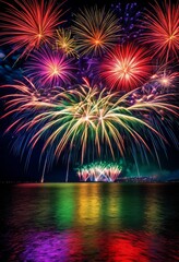 vibrant colorful fireworks exploding display, explosion, bright, celebration, event, night, sky, festival, entertainment, illumination, spectacular, show