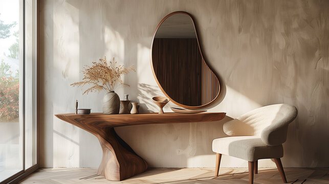 asymmetrical wooden frame mirror, modern wooden console table with decorative vases