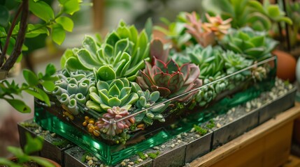 An opaque emerald green glass box containing a collection of lush succulents, showcasing a vibrant and natural display of greenery.