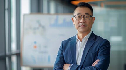 Confident businessman in suit and glasses standing in frontof a whiteboard with graphs in a modern office setting.