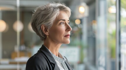 A woman with short gray hair wearing a black blazer gazing out of a window with a contemplative expression.